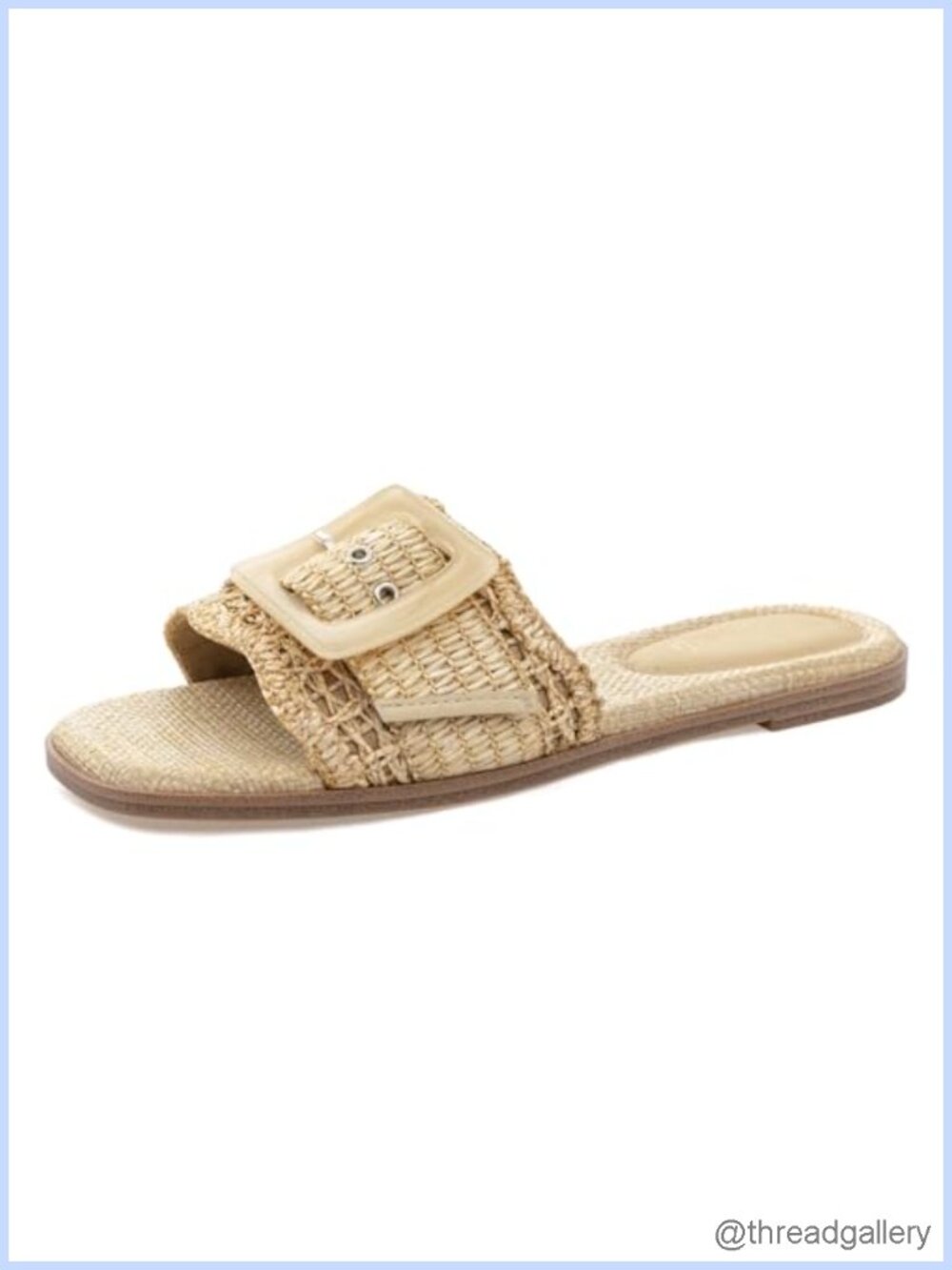 Raffia Flat Sandals Square Toe Buckle Slide Summer Beach